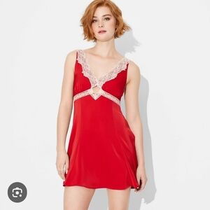 wild fable Red Chemise with Cream Lace Trim